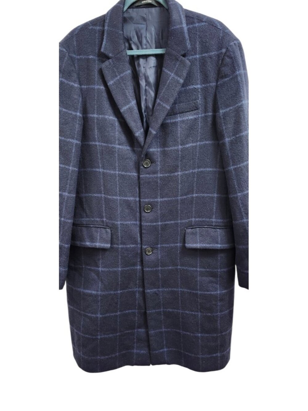 Club Monaco Mantico Wool Blend Overcoat Mens 42 Navy Windowpane Long Coat Jacket - Picture 3 of 16
